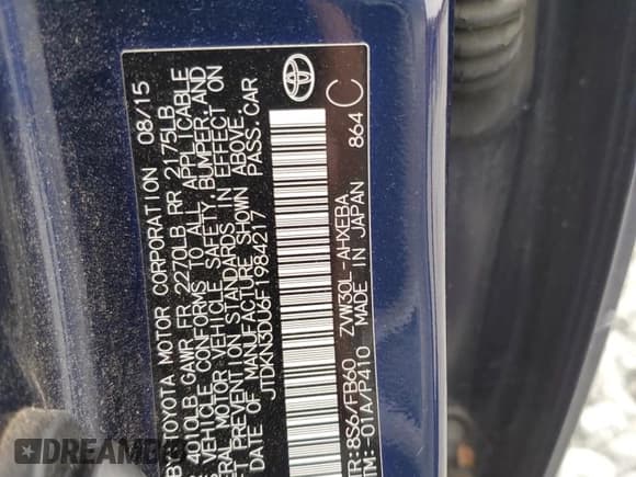 ✅ 2015 Toyota Prius Two • VIN: JTDKN3DU6F1984217 • Lot: 92844175. Listed on Copart with 58,671 mi. Free auction sales archive from the USA and detailed vehicle history report at DreamBid. Image 12.