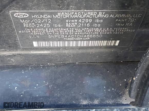 2012 Hyundai Sonata GLS with VIN 5NPEB4AC1CH486650, listed as a IAAI auction lot 43504210 with 142,701 mi miles and . Bid and sale history available at DreamBid. Image 9.