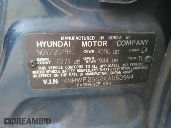 ✅ 1999 Hyundai Sonata • VIN: KMHWF25S2XA050994 • Лот: 65175665. Опубликован ранее на Copart с пробегом 91 802 миль. Бесплатный доступ к архиву аукционных продаж из США и подробный отчёт об истории автомобиля на DreamBid. Изображение 12.