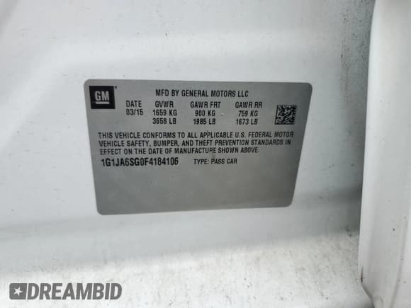 ✅ 2015 Chevrolet Sonic LS • VIN: 1G1JA6SG0F4184106 • Lot: 58597655. Listed on Copart with 82,360 mi. Free auction sales archive from the USA and detailed vehicle history report at DreamBid. Image 13.
