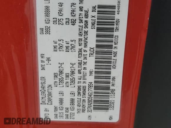 ✅ 2004 Dodge 2500 ST • VIN: 3D7KA28D54G177854 • Lot: 60425325. Wystawiony na Copart z przebiegiem 343 516 mil. Bezpłatny archiwum sprzedaży aukcyjnych z USA i szczegółowy raport historii pojazdu na DreamBid. Zdjęcie 12.
