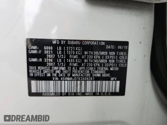 ✅ 2019 Subaru Ascent Limited • VIN: 4S4WMAJD1K3408381 • Lot: 83788945. Listed on Copart with 51,625 mi. Free auction sales archive from the USA and detailed vehicle history report at DreamBid. Image 13.