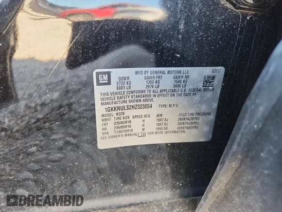 ✅ 2017 GMC Acadia SLT • VIN: 1GKKNULS2HZ323654 • Lot: 84941165. Wystawiony na Copart z przebiegiem 131 905 mil. Bezpłatny archiwum sprzedaży aukcyjnych z USA i szczegółowy raport historii pojazdu na DreamBid. Zdjęcie 13.