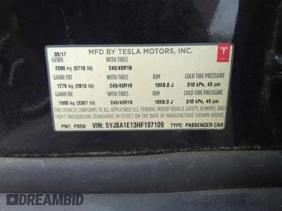 ✅ 2017 Tesla Model S 60 • VIN: 5YJSA1E13HF197109 • Lot: 41926033. Listed on IAAI with 150,463 mi. Free auction sales archive from the USA and detailed vehicle history report at DreamBid. Image 9.