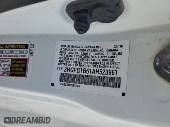 ✅ 2010 Honda Civic LX • VIN: 2HGFG1B61AH523961 • Lot: 81734575. Listed on Copart with 56,492 mi. Free auction sales archive from the USA and detailed vehicle history report at DreamBid. Image 13.