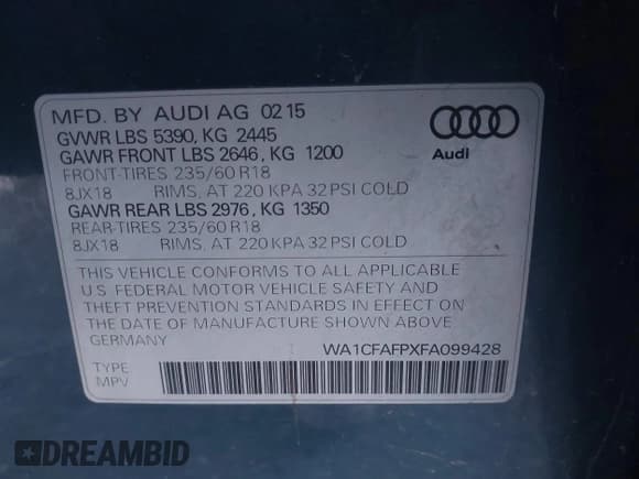 ✅ 2015 Audi Q5 Premium • VIN: WA1CFAFPXFA099428 • Lot: 43809081. Listed on IAAI with 99,380 mi. Free auction sales archive from the USA and detailed vehicle history report at DreamBid. Image 9.
