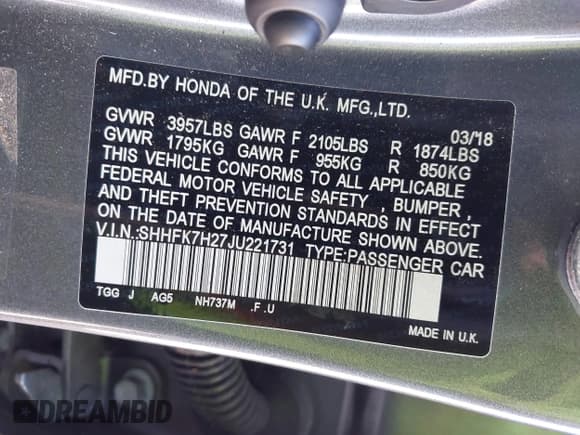 ✅ 2018 Honda Civic LX • VIN: SHHFK7H27JU221731 • Lot: 43824886. Listed on IAAI with 86,486 mi. Free auction sales archive from the USA and detailed vehicle history report at DreamBid. Image 9.