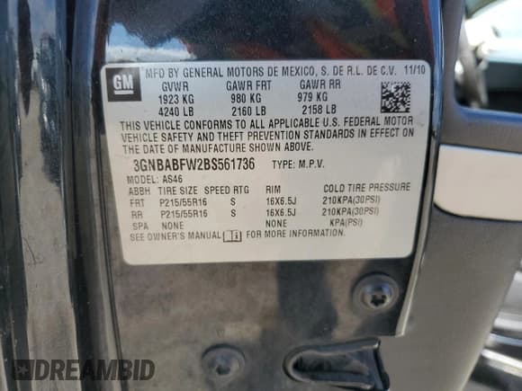 ✅ 2011 Chevrolet HHR 1LT • VIN: 3GNBABFW2BS561736 • Lot: 80209464. Listed on Copart with 118,475 mi. Free auction sales archive from the USA and detailed vehicle history report at DreamBid. Image 16.