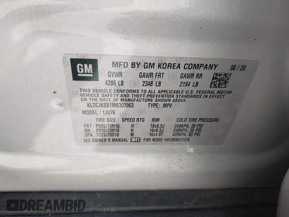 ✅ 2021 Chevrolet Trax LS • VIN: KL7CJKSB1MB303963 • Lot: 43567758. Listed on IAAI with 79,555 mi. Free auction sales archive from the USA and detailed vehicle history report at DreamBid. Image 9.