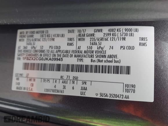 ✅ 2018 Ford Transit XL • VIN: 1FBZX2CG0JKA09945 • Lot: 42260073. Wystawiony na IAAI z przebiegiem 60 838 mil. Bezpłatny archiwum sprzedaży aukcyjnych z USA i szczegółowy raport historii pojazdu na DreamBid. Zdjęcie 9.