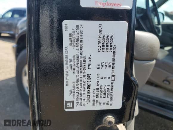 2005 Chevrolet Blazer LS with VIN 1GNCT18X45K101945, listed as a Copart auction lot 62762255 with 160,212 mi miles and Salvage title. Bid and sale history available at DreamBid. Image 12.