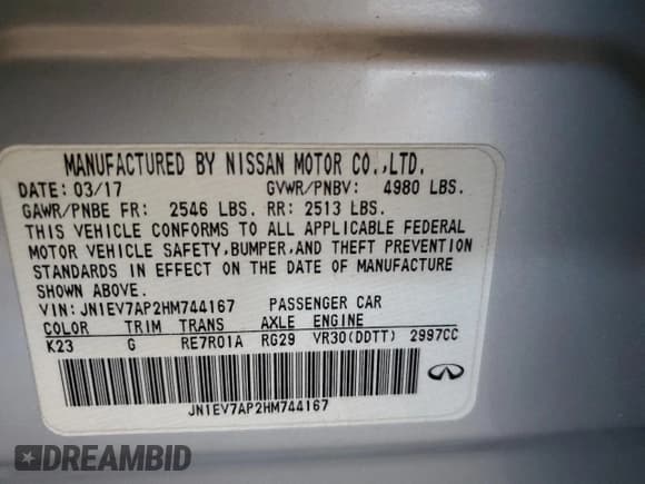 ✅ 2017 Infiniti Q50 Premium • VIN: JN1EV7AP2HM744167 • Lot: 61230595. Wystawiony na Copart z przebiegiem 87 289 mil. Bezpłatny archiwum sprzedaży aukcyjnych z USA i szczegółowy raport historii pojazdu na DreamBid. Zdjęcie 12.