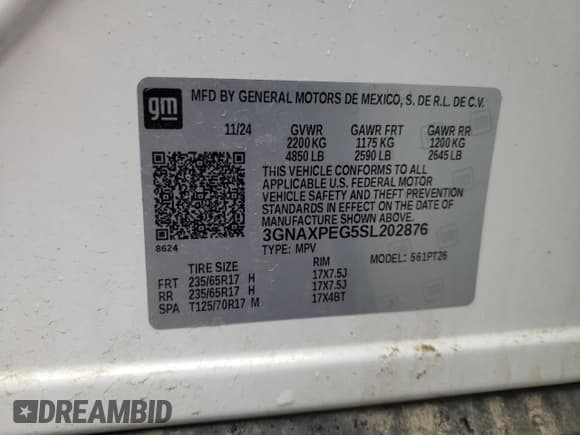 ✅ 2025 Chevrolet Equinox AWD LT • VIN: 3GNAXPEG5SL202876 • Lot: 71997645. Wystawiony na Copart z przebiegiem 15 276 mil. Bezpłatny archiwum sprzedaży aukcyjnych z USA i szczegółowy raport historii pojazdu na DreamBid. Zdjęcie 13.