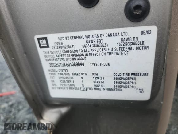 ✅ 2003 Chevrolet Silverado 1500 LS • VIN: 2GCEC19X631389044 • Lot: 58505165. Wystawiony na Copart z przebiegiem Nie podano. Bezpłatny archiwum sprzedaży aukcyjnych z USA i szczegółowy raport historii pojazdu na DreamBid. Zdjęcie 12.