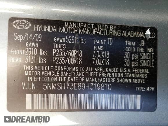 ✅ 2009 Hyundai Santa Fe Limited • VIN: 5NMSH73E89H319810 • Лот: 73604284. Размещён на Copart с пробегом 142 678 миль миль. Получите бесплатный доступ к архиву аукционных продаж из США и посмотрите подробный отчёт об истории автомобиля на DreamBid. Изображение 14.