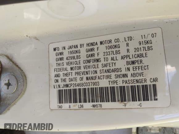 ✅ 2008 Honda Accord LX-P • VIN: JHMCP26468C037903 • Lot: 43800289. Listed on IAAI with 153,551 mi. Free auction sales archive from the USA and detailed vehicle history report at DreamBid. Image 9.