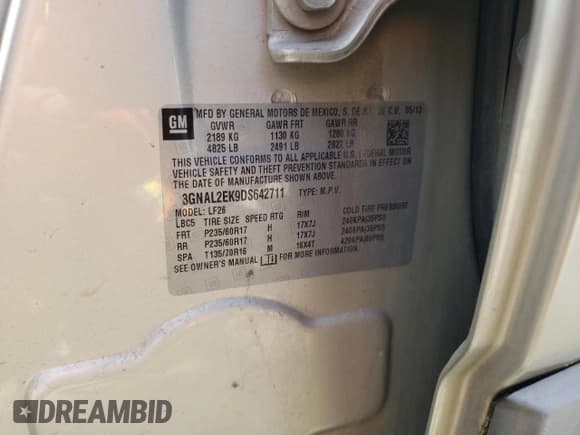 ✅ 2013 Chevrolet Captiva Sport LS • VIN: 3GNAL2EK9DS642711 • Lot: 55131805. Wystawiony na Copart z przebiegiem 164 034 mil. Bezpłatny archiwum sprzedaży aukcyjnych z USA i szczegółowy raport historii pojazdu na DreamBid. Zdjęcie 13.