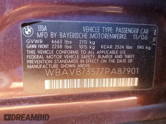 ✅ 2007 BMW 3 Series 335i • VIN: WBAVB73577PA87901 • Lot: 92416295. Listed on Copart with 206,488 mi. Free auction sales archive from the USA and detailed vehicle history report at DreamBid. Image 12.