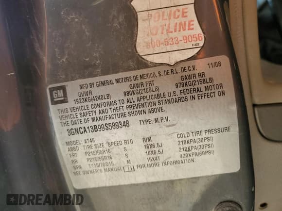 ✅ 2009 Chevrolet HHR LS • VIN: 3GNCA13B99S589348 • Lot: 86957314. Listed on Copart with 189,430 mi. Free auction sales archive from the USA and detailed vehicle history report at DreamBid. Image 12.