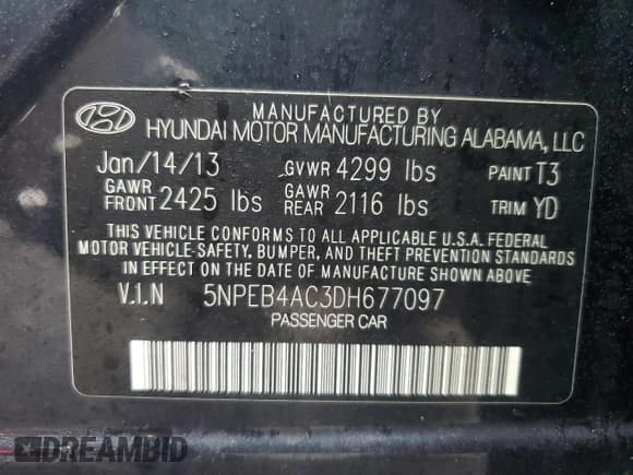 ✅ 2013 Hyundai Sonata GLS • VIN: 5NPEB4AC3DH677097 • Lot: 72851194. Listed on Copart with 106,436 mi. Free auction sales archive from the USA and detailed vehicle history report at DreamBid. Image 14.