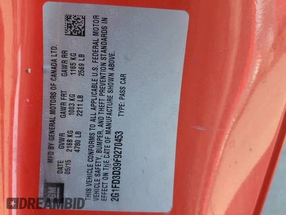 2015 Chevrolet Camaro LT with VIN 2G1FD3D39F9270453, listed as a Copart auction lot 81843195 with 136,204 mi miles and Salvage title. Bid and sale history available at DreamBid. Image 12.