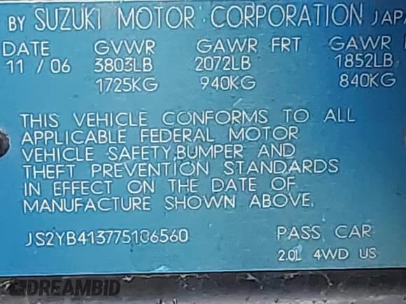 ✅ 2007 Suzuki SX4 • VIN: JS2YB413775106560 • Lot: 43745178. Listed on IAAI with 191,676 mi. Free auction sales archive from the USA and detailed vehicle history report at DreamBid. Image 9.