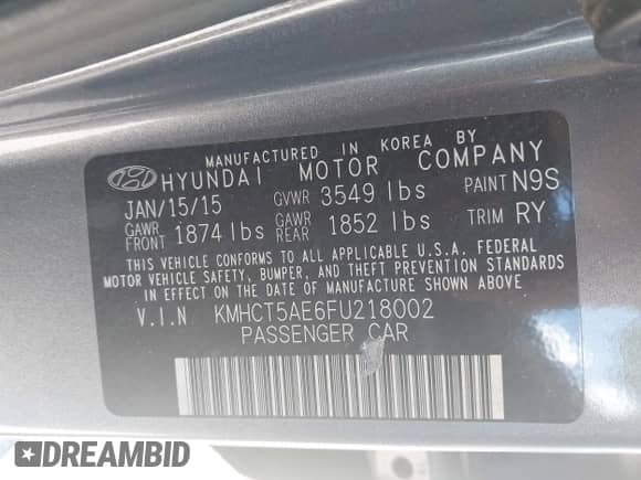 2015 Hyundai Accent GS with VIN KMHCT5AE6FU218002, listed as a IAAI auction lot 43408428 with 164,026 mi miles and . Bid and sale history available at DreamBid. Image 9.