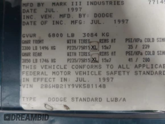 ✅ 1997 Dodge Cargo • VIN: 2B6HB21Y9VK581148 • Lot: 43807002. Listed on IAAI with 174,437 mi. Free auction sales archive from the USA and detailed vehicle history report at DreamBid. Image 9.