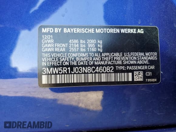 ✅ 2022 BMW 3 Series 330i • VIN: 3MW5R1J03N8C46082 • Lot: 52627085. Listed on Copart with 30,715 mi. Free auction sales archive from the USA and detailed vehicle history report at DreamBid. Image 14.