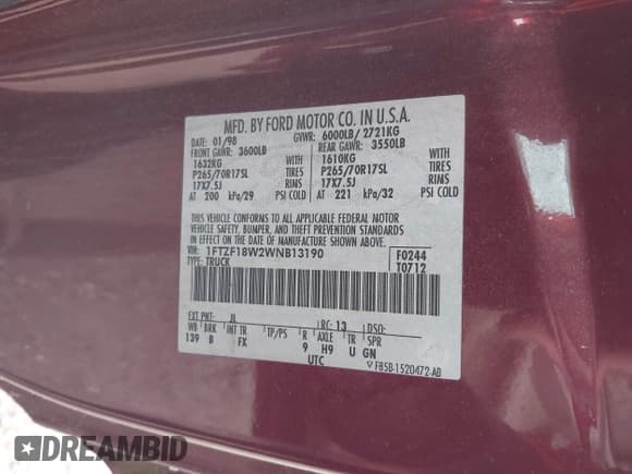 ✅ 1998 Ford F-150 • VIN: 1FTZF18W2WNB13190 • Лот: 43621811. Опубликован ранее на IAAI с пробегом 153 618 миль. Бесплатный доступ к архиву аукционных продаж из США и подробный отчёт об истории автомобиля на DreamBid. Изображение 9.