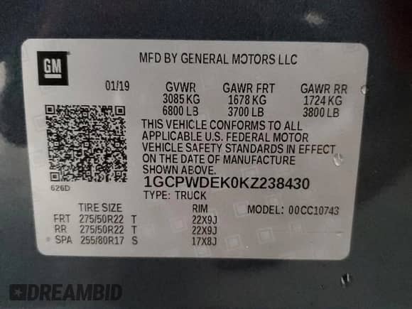 2019 Chevrolet Silverado 1500 RST with VIN 1GCPWDEK0KZ238430, listed as a Copart auction lot 81879315 with 142,553 mi miles and Salvage title. Bid and sale history available at DreamBid. Image 12.