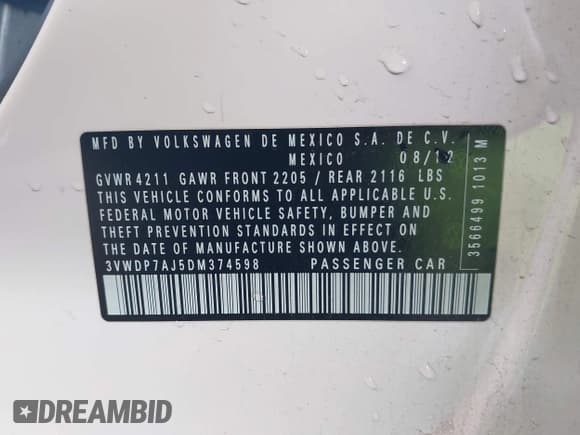 ✅ 2013 Volkswagen Jetta SE • VIN: 3VWDP7AJ5DM374598 • Lot: 42498082. Listed on IAAI with 144,285 mi. Free auction sales archive from the USA and detailed vehicle history report at DreamBid. Image 9.