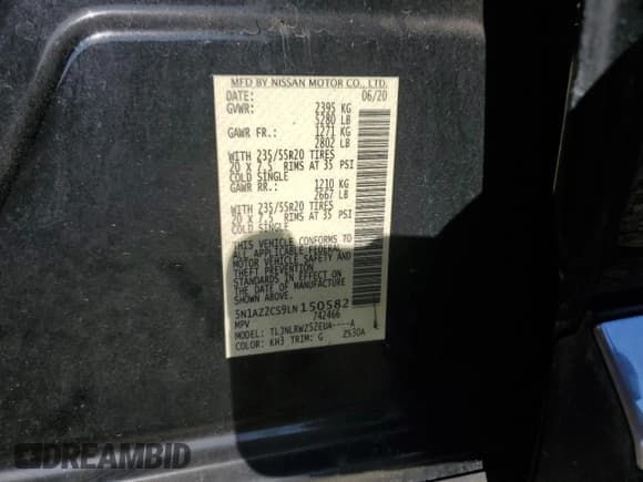 ✅ 2020 Nissan Murano SL • VIN: 5N1AZ2CS9LN150582 • Lot: 84951335. Listed on Copart with 118,896 mi. Free auction sales archive from the USA and detailed vehicle history report at DreamBid. Image 12.