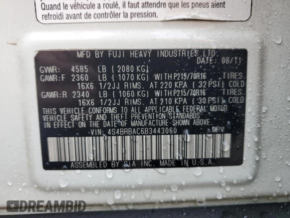 ✅ 2011 Subaru Outback 2.5i • VIN: 4S4BRBAC6B3443060 • Lot: 84750695. Wystawiony na Copart z przebiegiem 169 168 mil. Bezpłatny archiwum sprzedaży aukcyjnych z USA i szczegółowy raport historii pojazdu na DreamBid. Zdjęcie 12.