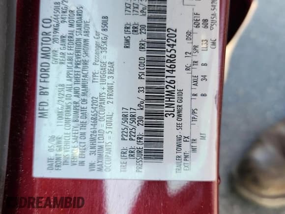 ✅ 2006 Lincoln Zephyr • VIN: 3LNHM26146R654202 • Лот: 66487525. Опубликован ранее на Copart с пробегом 80 400 миль. Бесплатный доступ к архиву аукционных продаж из США и подробный отчёт об истории автомобиля на DreamBid. Изображение 12.