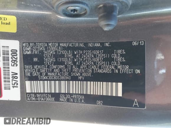 ✅ 2013 Toyota Sienna LE • VIN: 5TDKK3DC8DS386940 • Lot: 43598804. Listed on IAAI with Not provided. Free auction sales archive from the USA and detailed vehicle history report at DreamBid. Image 9.