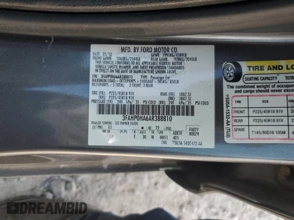 ✅ 2010 Ford Fusion SE • VIN: 3FAHP0HA6AR388810 • Lot: 69731875. Wystawiony na Copart z przebiegiem 185 804 mil. Bezpłatny archiwum sprzedaży aukcyjnych z USA i szczegółowy raport historii pojazdu na DreamBid. Zdjęcie 12.