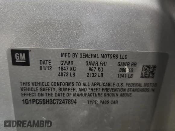 ✅ 2012 Chevrolet Cruze LS • VIN: 1G1PC5SH3C7247894 • Lot: 68961345. Listed on Copart with 47,142 mi. Free auction sales archive from the USA and detailed vehicle history report at DreamBid. Image 13.