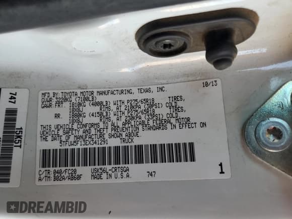 ✅ 2014 Toyota Tundra SR • VIN: 5TFUW5F13EX341291 • Lot: 62582045. Listed on Copart with 263,297 mi. Free auction sales archive from the USA and detailed vehicle history report at DreamBid. Image 12.