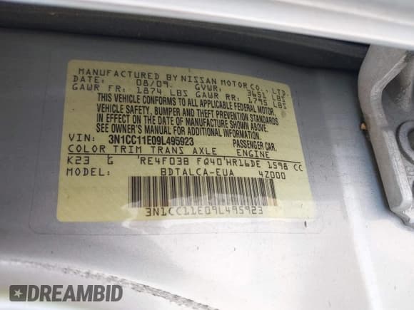 ✅ 2009 Nissan Versa 1.6 • VIN: 3N1CC11E09L495923 • Lot: 43152777. Listed on IAAI with 84,945 mi. Free auction sales archive from the USA and detailed vehicle history report at DreamBid. Image 9.