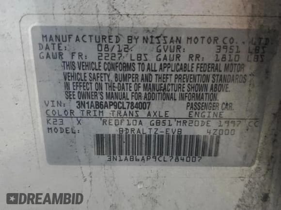 ✅ 2012 Nissan Sentra S • VIN: 3N1AB6AP9CL784007 • Lot: 84376405. Listed on Copart with 111,770 mi. Free auction sales archive from the USA and detailed vehicle history report at DreamBid. Image 12.