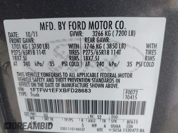 ✅ 2011 Ford F-150 XL • VIN: 1FTFW1EFXBFD28683 • Lot: 42598996. Listed on IAAI with 153,820 mi. Free auction sales archive from the USA and detailed vehicle history report at DreamBid. Image 9.