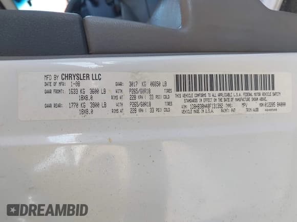 ✅ 2008 Dodge Durango • VIN: 1D8HB38N48F131392 • Lot: 42339953. Listed on IAAI with 230,324 mi. Free auction sales archive from the USA and detailed vehicle history report at DreamBid. Image 9.