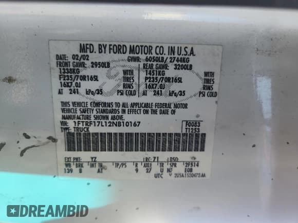 ✅ 2002 Ford F-150 XL • VIN: 1FTRF17L12NB10167 • Лот: 82255995. Опубликован ранее на Copart с пробегом Не указан. Бесплатный доступ к архиву аукционных продаж из США и подробный отчёт об истории автомобиля на DreamBid. Изображение 12.