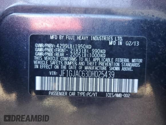 2013 Subaru Impreza Premium с VIN JF1GJAC63DH025439, выставлен на аукционе Copart как лот 91078635 с пробегом 177 638 миль миль и Списание • Salvage title. История ставок и продаж доступна на DreamBid. Изображение 12.