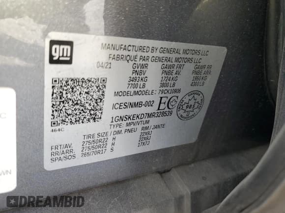 ✅ 2021 Chevrolet Suburban RST • VIN: 1GNSKEKD7MR328539 • Lot: 70866255. Listed on Copart with 100,302 mi. Free auction sales archive from the USA and detailed vehicle history report at DreamBid. Image 14.