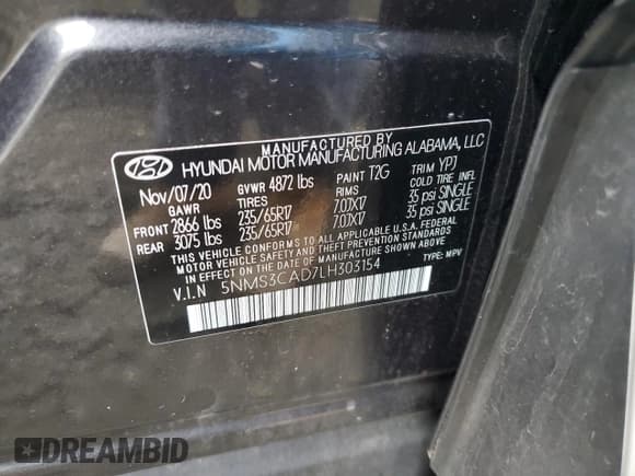 ✅ 2020 Hyundai Santa Fe SEL • VIN: 5NMS3CAD7LH303154 • Лот: 37957473. Опубликован ранее на Copart с пробегом 21 739 миль. Бесплатный доступ к архиву аукционных продаж из США и подробный отчёт об истории автомобиля на DreamBid. Изображение 13.