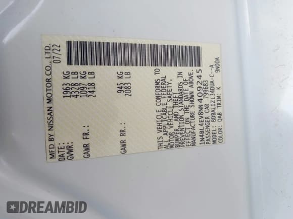 ✅ 2022 Nissan Altima SL • VIN: 1N4BL4EV8NN409245 • Lot: 42784164. Listed on IAAI with 33,962 mi. Free auction sales archive from the USA and detailed vehicle history report at DreamBid. Image 9.