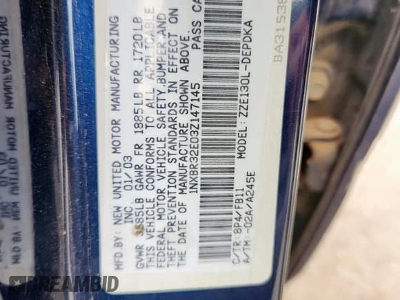 ✅ 2003 Toyota Corolla CE • VIN: 1NXBR32E03Z147145 • Lot: 71558605. Listed on Copart with 72,180 mi. Free auction sales archive from the USA and detailed vehicle history report at DreamBid. Image 12.