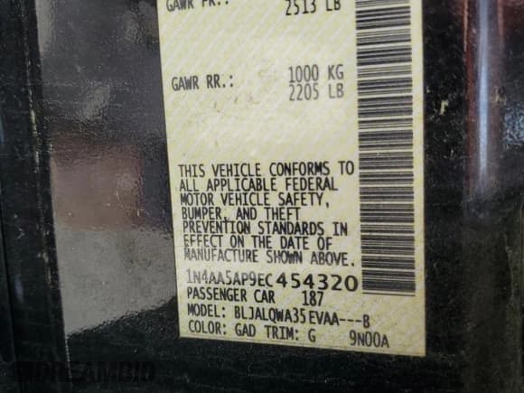 ✅ 2014 Nissan Maxima SV • VIN: 1N4AA5AP9EC454320 • Lot: 57100695. Listed on Copart with 149,083 mi. Free auction sales archive from the USA and detailed vehicle history report at DreamBid. Image 12.